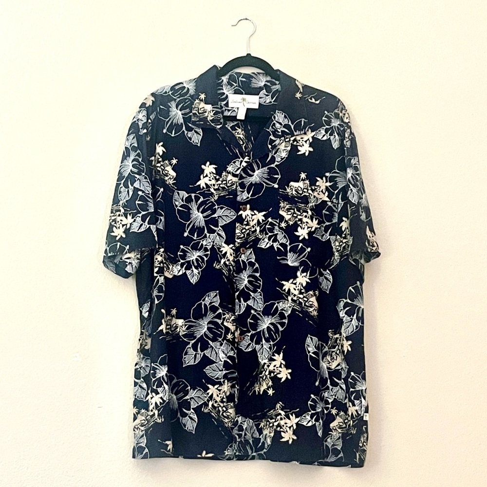 Island Shores Navy Blue Caribbean Hawaiian Shirt, XL 55% Linen + 45% Cotton